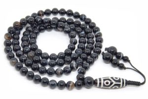 Буддийские четки из черного агата с бусиной Дзи 108 бусин