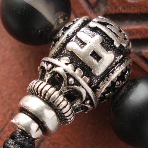 Буддийские четки-браслет из черного агата 27 бусин с серебряной гуру
