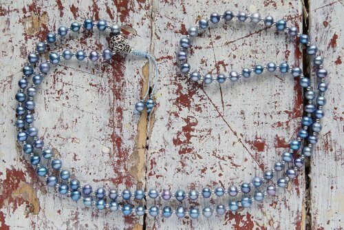 Изящные буддийские четки из голубого жемчуга с серебряной гуру 108 бусин