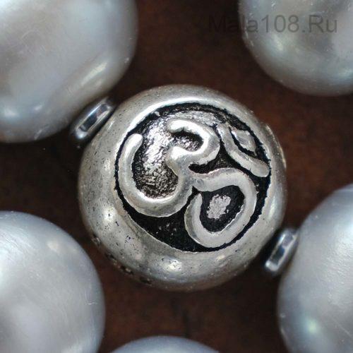Буддийские четки из серого жемчуга 108 бусин с серебряной гуру